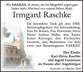 Traueranzeige von Irmgard  Raschke von Mitteldeutsche Zeitung Quedlinburg