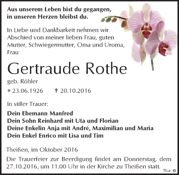 Traueranzeige von Gertraude Rothe von Mitteldeutsche Zeitung Zeitz