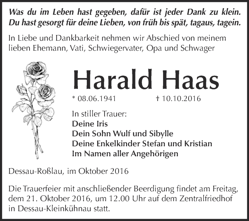  Traueranzeige für Harald Haas vom 15.10.2016 aus WVG - Wochenspiegel Dessau / Köthen