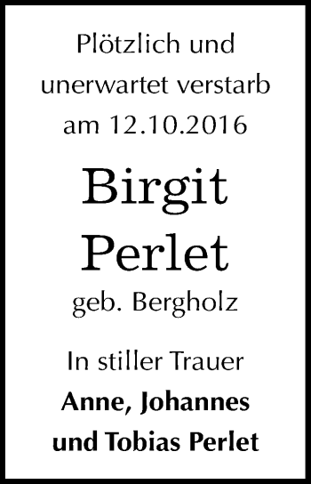 Traueranzeige von Birgit Perlet von Mitteldeutsche Zeitung Dessau-Roßlau