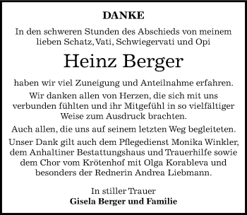 Traueranzeige von Heinz Berger von Mitteldeutsche Zeitung Dessau-Roßlau