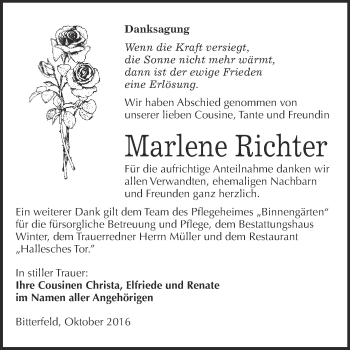 Traueranzeige von Marlene Richter von WVG - Wochenspiegel Bitterfeld