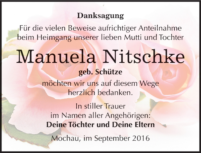  Traueranzeige für Manuela Nitschke vom 01.10.2016 aus Mitteldeutsche Zeitung Wittenberg