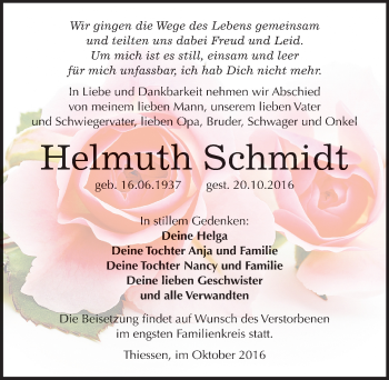 Traueranzeige von Helmuth Schmidt von Mitteldeutsche Zeitung Wittenberg
