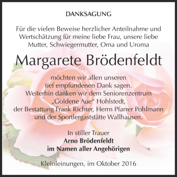 Traueranzeige von Margarete Brödenfeldt von Super Sonntag SGH Mansf. Land