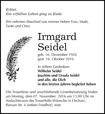 Traueranzeige von Irmgard Seidel von Mitteldeutsche Zeitung Naumburg/Nebra