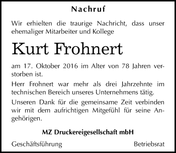 Traueranzeige von Kurt Frohnert von Mitteldeutsche Zeitung Halle/Saalkreis