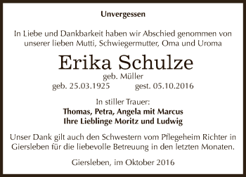 Traueranzeige von Erika Schulze von Super Sonntag Aschersleben