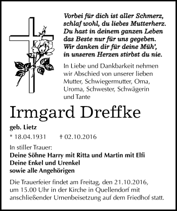Traueranzeige von Irmgard Dreffke von Mitteldeutsche Zeitung Bernburg