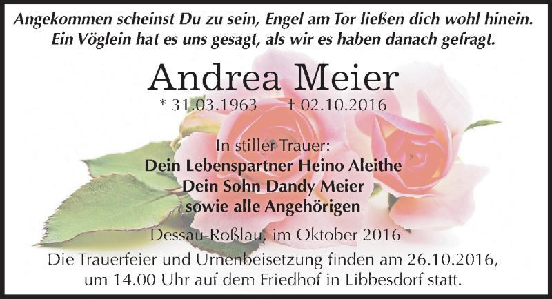  Traueranzeige für Andrea Meier vom 15.10.2016 aus Mitteldeutsche Zeitung Dessau-Roßlau