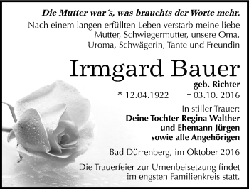 Traueranzeige von Irmgard Bauer von Mitteldeutsche Zeitung Merseburg/Querfurt