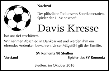 Traueranzeige von Davis Kresse von Mitteldeutsche Zeitung