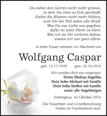 Traueranzeige von Wolfgang Caspar von Mitteldeutsche Zeitung Köthen