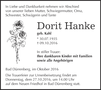 Traueranzeige von Dorrt Hanke von Super Sonntag Merseburg