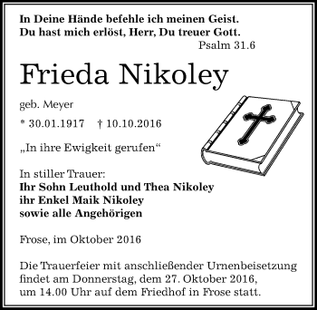 Traueranzeige von Frieda Nikoley von Mitteldeutsche Zeitung Aschersleben