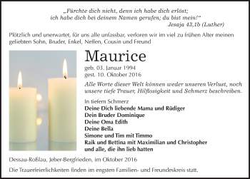 Traueranzeige von Maurice  von Mitteldeutsche Zeitung Dessau-Roßlau