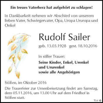 Traueranzeige von Rudolf Sailer von WVG - Wochenspiegel NMB / WSF / ZTZ