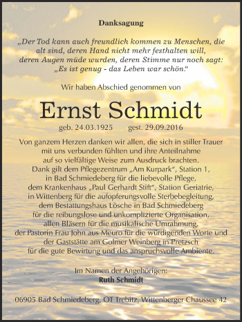 Traueranzeige von Ernst Schmidt von WVG - Wochenspiegel Wittenberg
