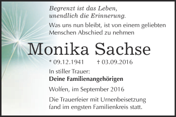 Traueranzeige von Monika Sachse von WVG - Wochenspiegel Bitterfeld