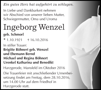 Traueranzeige von Ingeborg Wenzel von WVG - Wochenspiegel Quedlinburg