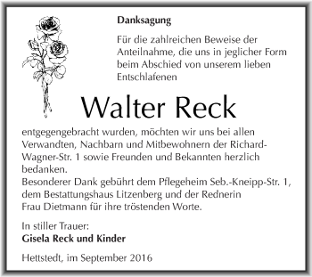 Traueranzeige von Walter Reck von Wochenspiegel Mansfelder Land