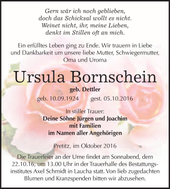Traueranzeige von Ursula Bornschein von WVG - Wochenspiegel Merseburg