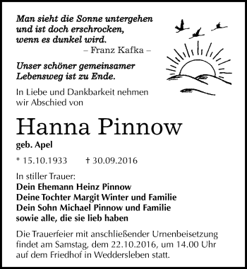 Traueranzeige von Hanna Pinnow von Mitteldeutsche Zeitung Quedlinburg