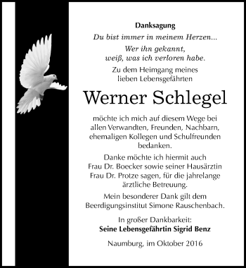 Traueranzeige von Werner Schlegel von Mitteldeutsche Zeitung Naumburg/Nebra