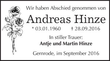 Traueranzeige von Andreas Hinze von WVG - Wochenspiegel Quedlinburg