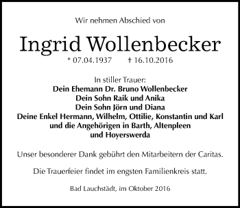 Traueranzeige von Ingrid Wollenbecker von Mitteldeutsche Zeitung Halle/Saalkreis