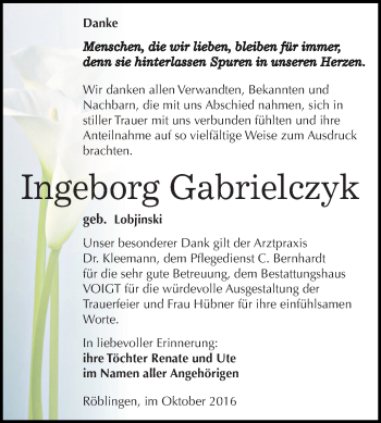 Traueranzeige von Ingeborg Gabrielczyk von Wochenspiegel Mansfelder Land