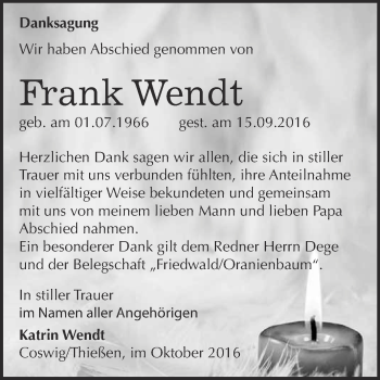 Traueranzeige von Frank Wendt von Super Sonntag Wittenberg