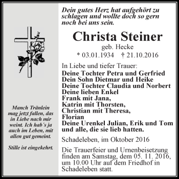 Traueranzeige von Christa Steiner von Super Sonntag Aschersleben