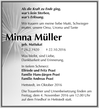 Traueranzeige von Minna Müller von Mitteldeutsche Zeitung Mansfelder Land