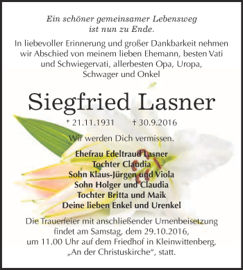 Traueranzeige von Siegfried Lasner von Super Sonntag Wittenberg