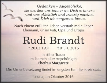 Traueranzeige von Rudi Brandt von WVG - Wochenspiegel Merseburg