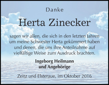 Traueranzeige von Herta Zinecker von Super Sonntag Zeitz