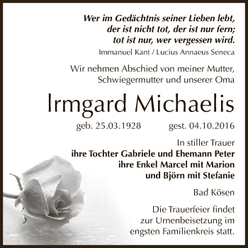 Traueranzeige von Irmgard Michaelis von WVG - Wochenspiegel NMB / WSF / ZTZ