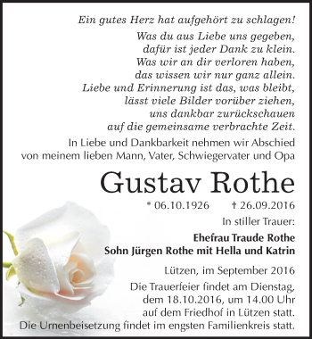 Traueranzeige von Gustav Rothe von Mitteldeutsche Zeitung Weißenfels