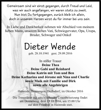Traueranzeige von Dieter Wende von Mitteldeutsche Zeitung Sangerhausen
