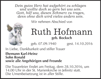 Traueranzeige von Ruth Hofmann von WVG - Wochenspiegel Bitterfeld