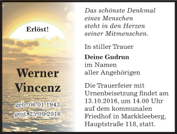 Traueranzeige von Werner Vincenz von Mitteldeutsche Zeitung Zeitz