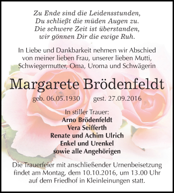 Traueranzeige von Margarete Brödenfeldt von Super Sonntag SGH Mansf. Land
