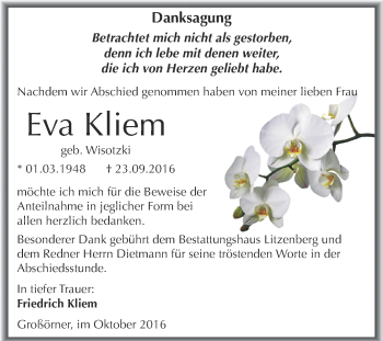 Traueranzeige von Eva Kliem von Wochenspiegel Mansfelder Land