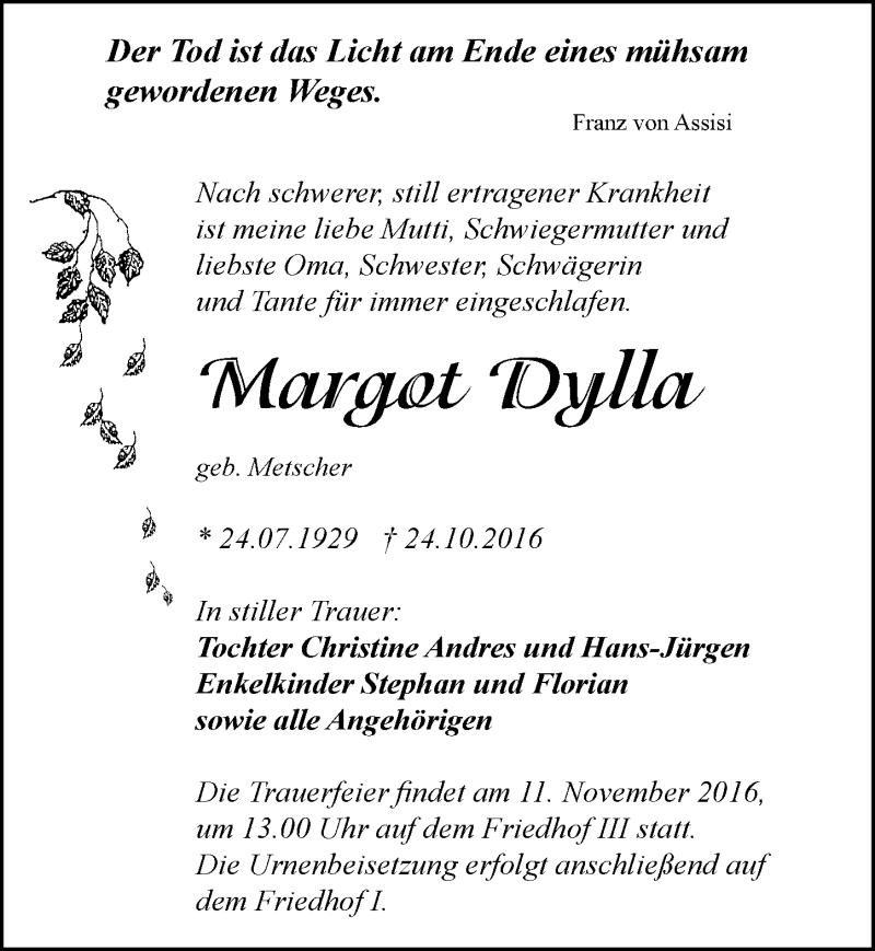  Traueranzeige für Margot Dylla vom 29.10.2016 aus Mitteldeutsche Zeitung Dessau-Roßlau