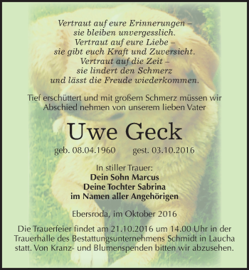 Traueranzeige von Uwe Geck von Mitteldeutsche Zeitung Naumburg/Nebra
