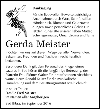 Traueranzeige von Gerda Meister von Mitteldeutsche Zeitung Naumburg/Nebra
