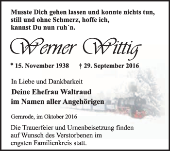 Traueranzeige von Werner Wittig von WVG - Wochenspiegel Quedlinburg
