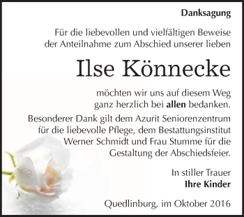 Traueranzeige von Ilse Könnecke von WVG - Wochenspiegel Quedlinburg