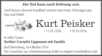 Traueranzeige von Kurt Peisker von Super Sonntag Merseburg
